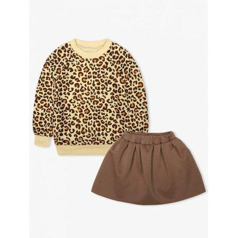 Kids Leopard Print Sweatshirt + Mini Skirt - Leopard 100