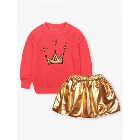 Kids Crown Print Sweatshirt + Mini Skirt - Jacinth 100