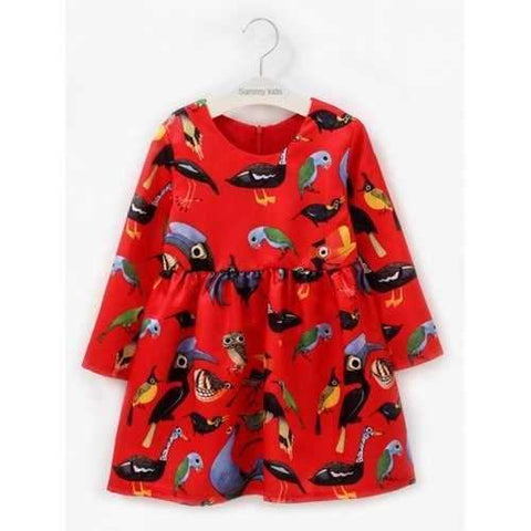 Kids Long Sleeve Animal Print Dress - Red 105
