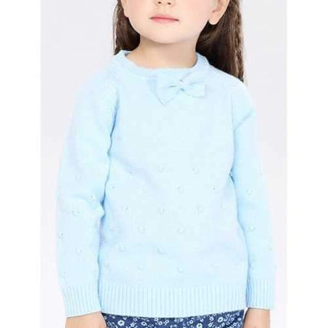 Crew Neck Bow Embellished Popcorn Knit Sweater - Blue 110