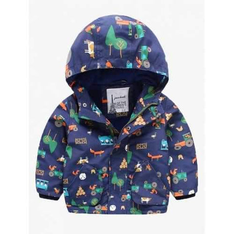 Kids Hooded Cartoon Animal Print Jacket - Purplish Blue 130
