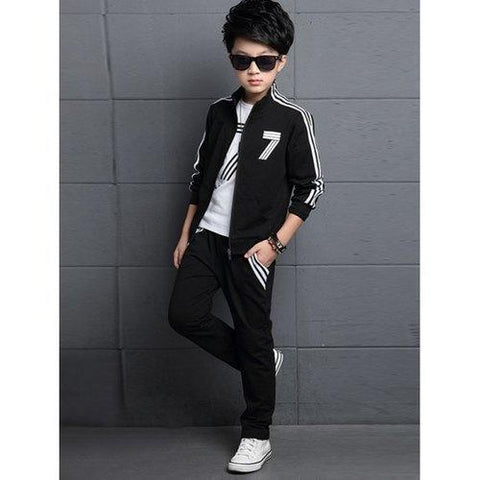 Striped Number T-Shirt + Stand Collar Jacket + Pants - Black 170
