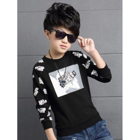 Crew Neck Letter Printed Sweatshirt - Black 130