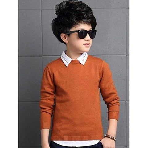 Brief Style Crew Neck Side Slit Sweater - Brown 130