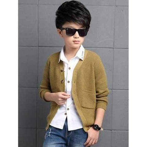 Single-Breasted Pockets Embellished Cardigan - Khaki 130