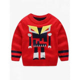 Crew Neck Cartoon Pattern Striped Sweater - Red 100