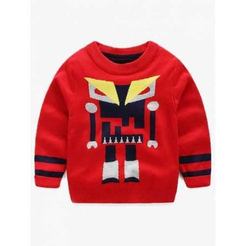Crew Neck Cartoon Pattern Striped Sweater - Red 100
