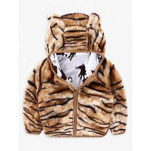 Zipper Fly Tiger Shape Hooded Coat - Tiger Print 120