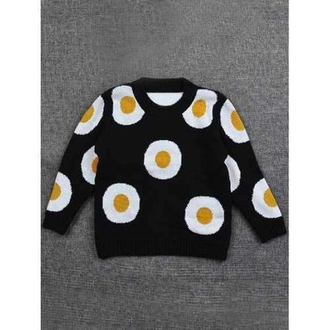 Crew Neck Fried Egg Pattern Sweater - Black 110
