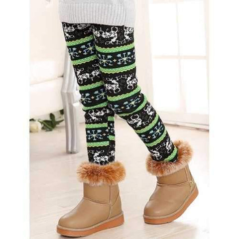 Deer Printed Striped Leggings - Green 120