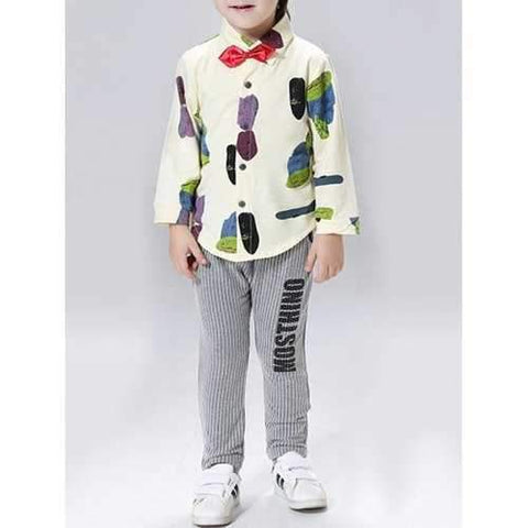 Leaves Print Shirt Striped Pants Boys Outfits - Light Yellow 140