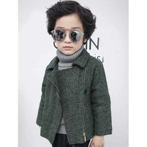 Boys Oblique Zipper Wool Jacket - Green 130