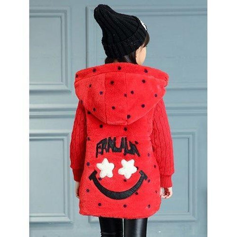 Girls Hooded Polka Dot Fur Spliced Long Coat - Red 110