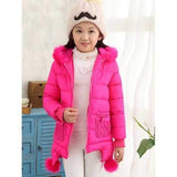 Girls Hooded Fur Spliced Long Padded Coat - Rose Red 110