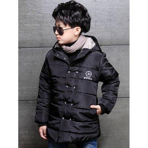 Buttoned Hooded Puffer Coat - Black 130