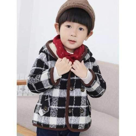 Kids Hooded Double Breasted Plaid Coat - White And Black 130