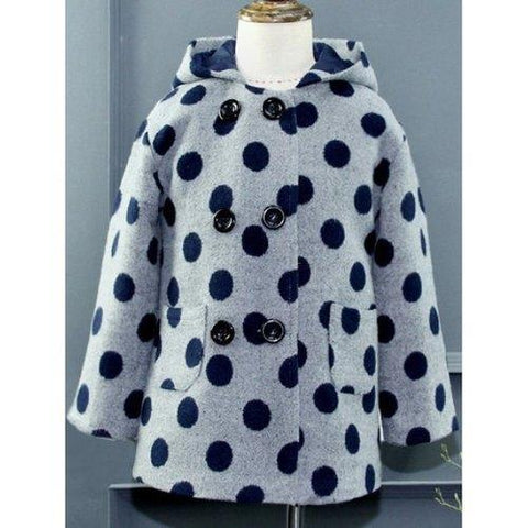 Kids Hooded Double Breasted Polka Dot Wool Coat - Gray 130