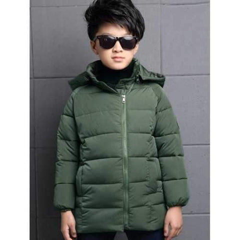 Zipped Hooded Patched Puffer Coat - Green 140