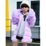 Kids Hooded Solid Color Parka Coat - Purple 120
