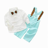 Kimocat Boy Spring Suit New Solid-color Long-sleeved Shirt + Bow Tie + Overalls - Blue Green 80