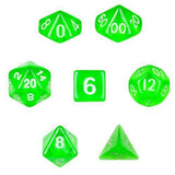 7 Die Polyhedral Dice Set in Velvet Pouch- Translucent Green