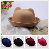 Girls Kids Cute Hat Caps Cat Ears Bowler Wool Blend Derby Devil Horn Children