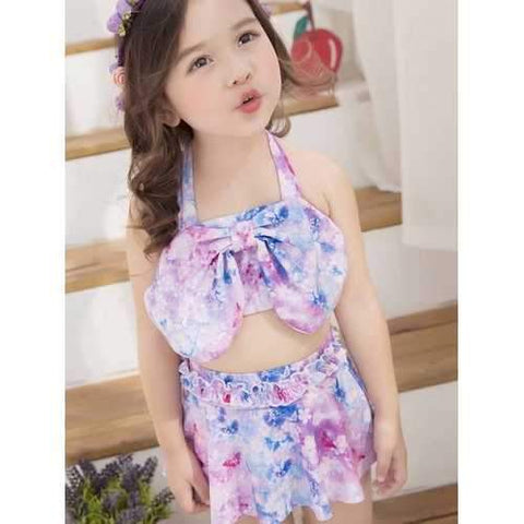 Lovely Flower Printing Halter Front Big Bowknot Bikini For Girls