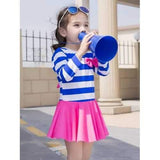 Girl Navy Striped Skirt Hollow Out Back Bowknot One Piece Swimdress