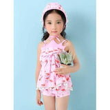 Lovely Flamingo Printing Bowknot Backless Two Pieces Swimsuit For Girls