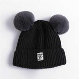 Kids Warm Solid Knitted Hat With Two Fur Pompoms