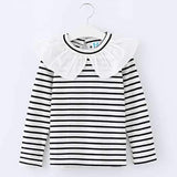 White Striped Ruffle Collar Girls Tee