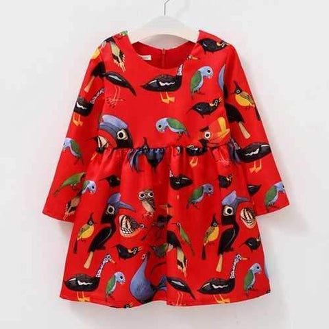 Bird Printed Girls Party Dress