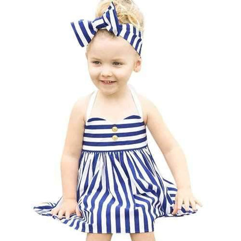 Blue Striped Girls Summer Dress with Headband