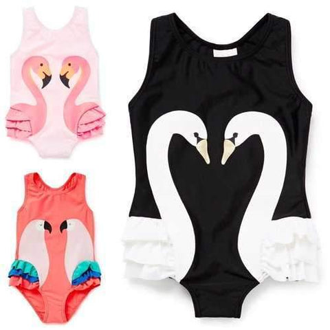 Swan Printed Girls Swimwear with Hat