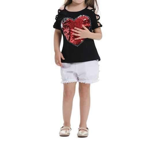 Heart Sequined Toddler Girls Summer Tops