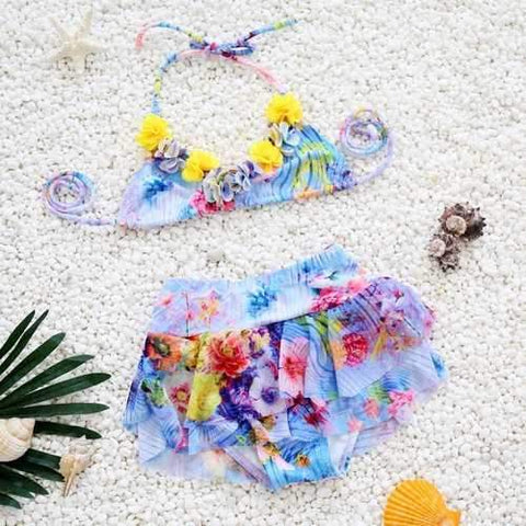 Floral Printed Girls Strap Bikini Set