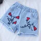 Rose Flower Embroidery Girl Short Jeans