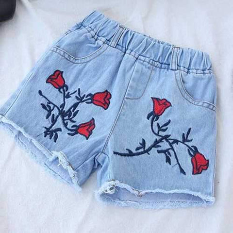 Rose Flower Embroidery Girl Short Jeans