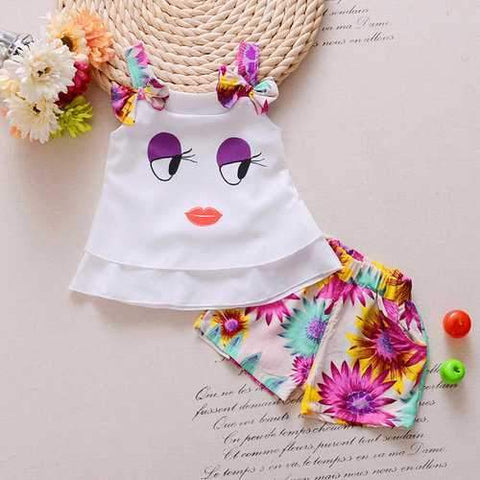 Cute Eye Flower Printing Baby Summer Outfits Set