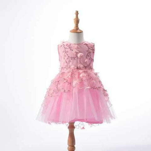 Girls Sleeveless Pink Flower Lace Dresses