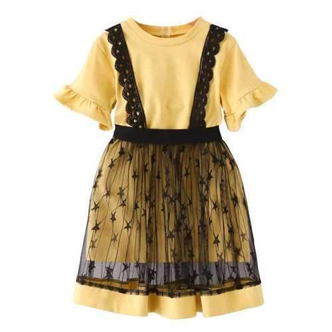 2Pcs Girls Yellow Lace Dresses