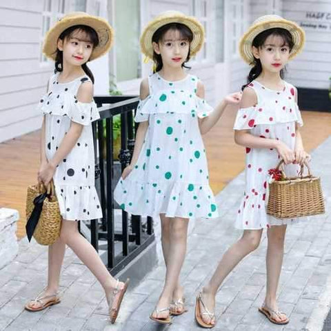 Girl Dot Print Off Shoulder Dress For 6Y-15Y