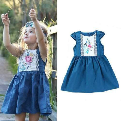 Floral Printed Lace Patch Blue Girls Dress