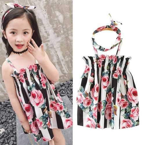 Floral Girls Dress with Headwear For 2Y-9Y