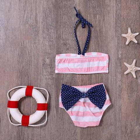 Stripe Bowknot Girls Bikini Set For 1Y-4Y