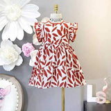 Leaves Printed Girls Pleated Dresses For 3Y-11Y