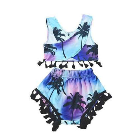 Trees Print Girls Tassels Swimsuit