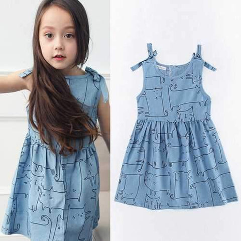 Cat Pattern Girls Denim Bow Dresses