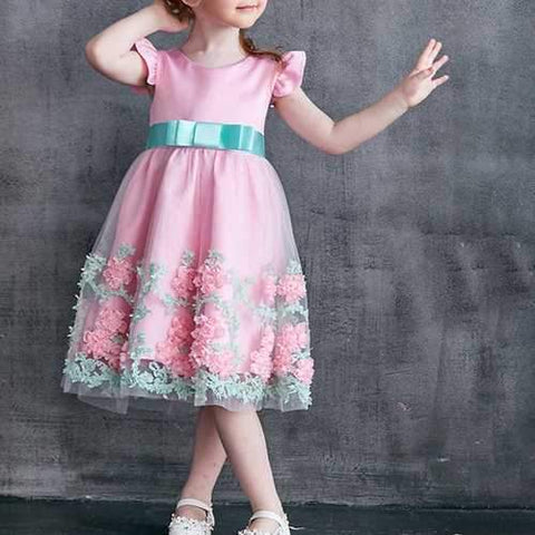 Flower Patched Girls Dress For 2Y-9Y